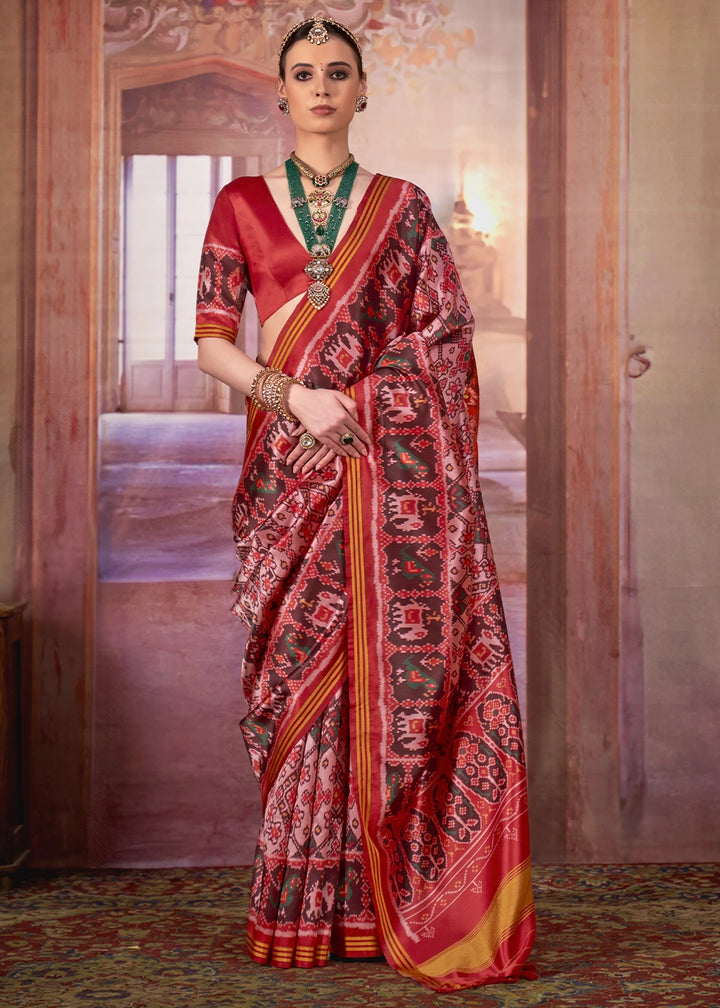 Pink & Red Patan Patola Printed Silk Saree