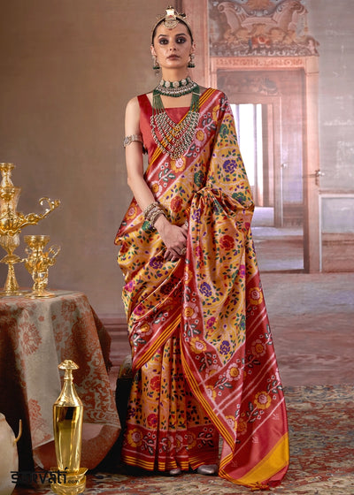 Yellow & Red Patan Patola Printed Silk Saree