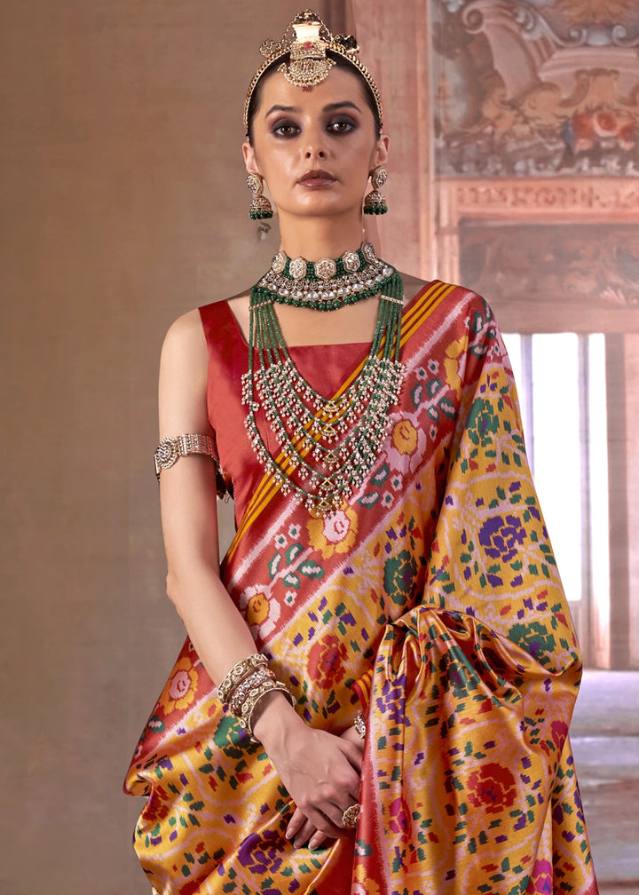 Yellow & Red Patan Patola Printed Silk Saree