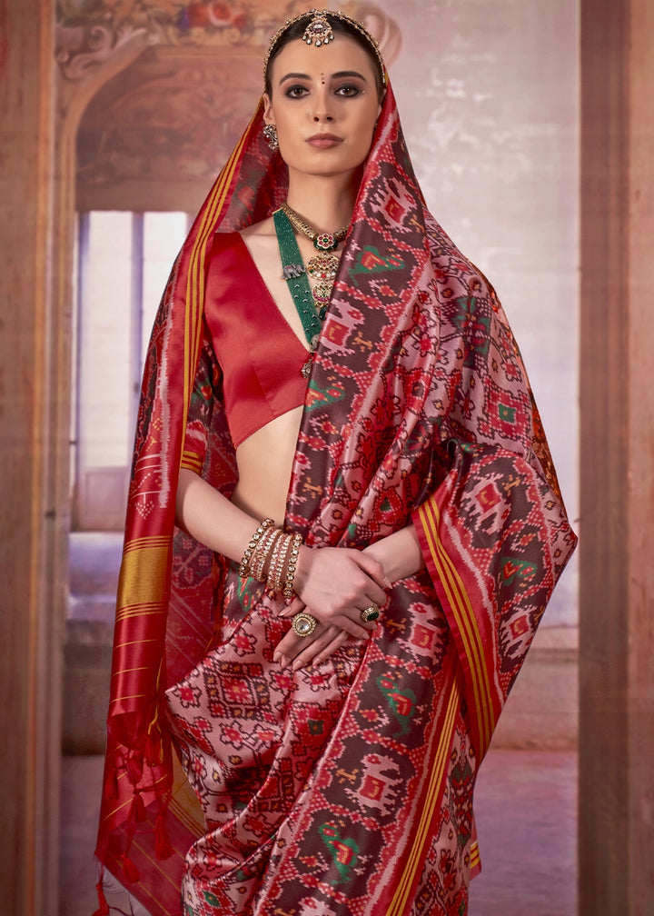 Pink & Red Patan Patola Printed Silk Saree