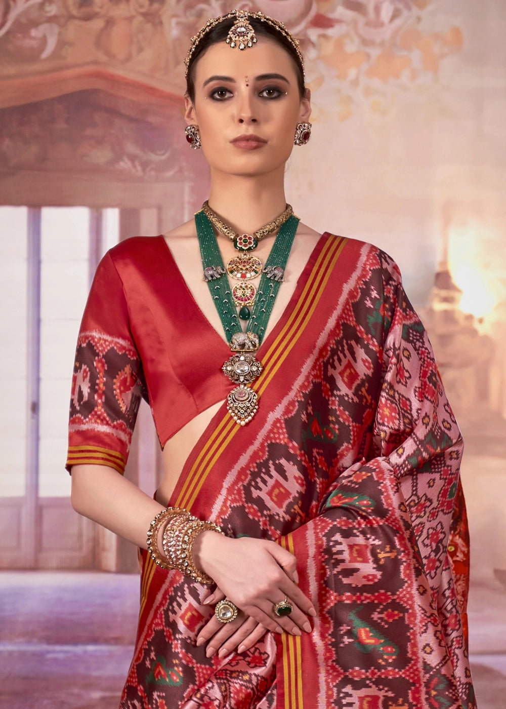 Pink & Red Patan Patola Printed Silk Saree