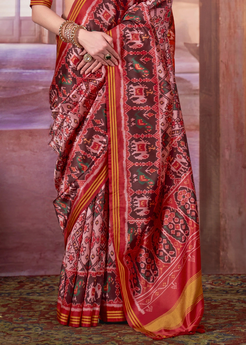 Pink & Red Patan Patola Printed Silk Saree