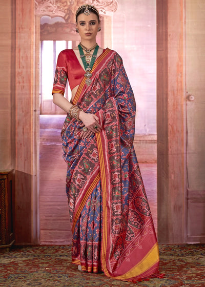 Blue & Red Patan Patola Printed Silk Saree