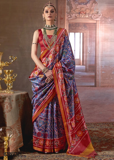 Blue & Red Patan Patola Printed Silk Saree