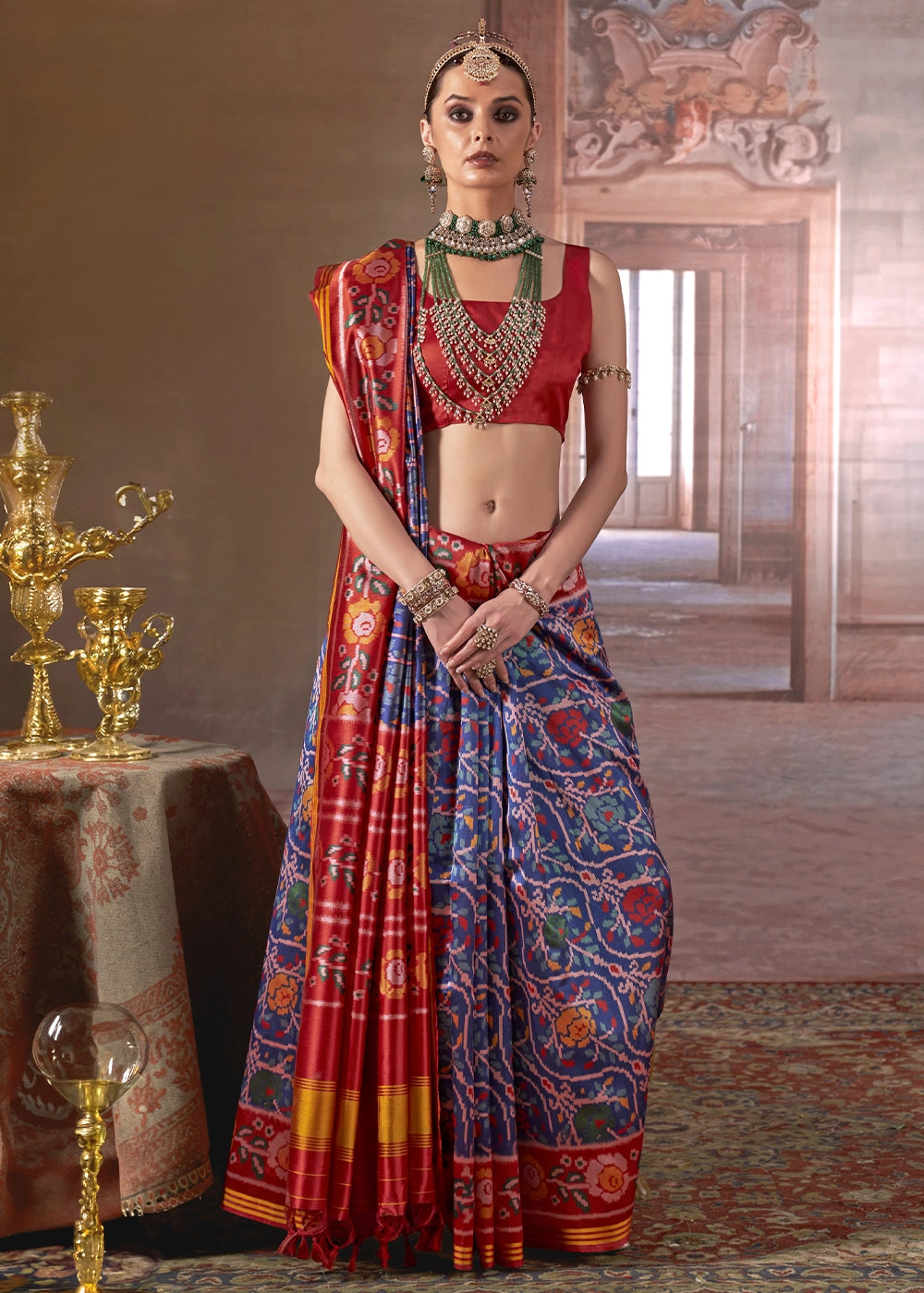 Blue & Red Patan Patola Printed Silk Saree