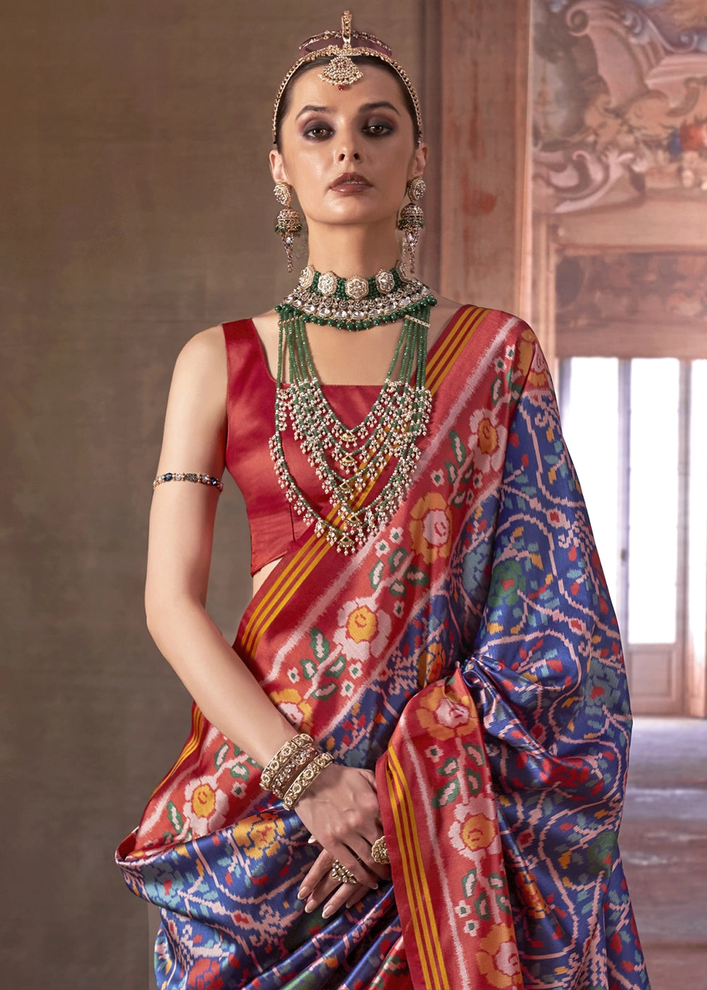 Blue & Red Patan Patola Printed Silk Saree