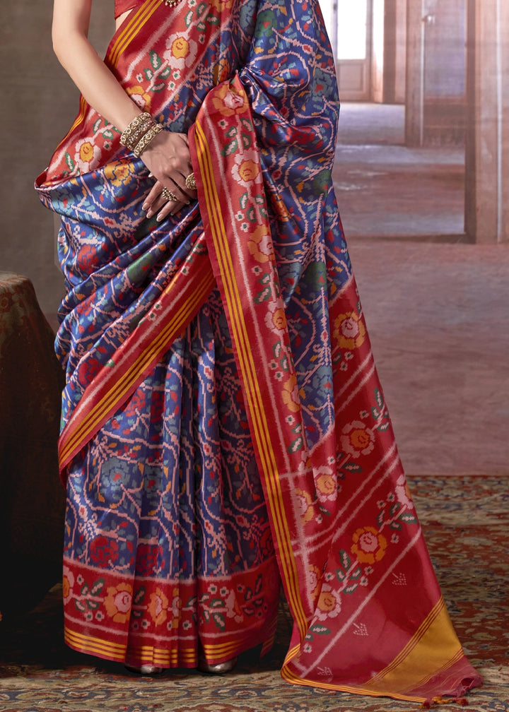 Blue & Red Patan Patola Printed Silk Saree