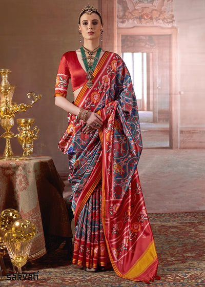 Greenish Blue & Red Patan Patola Printed Silk Saree