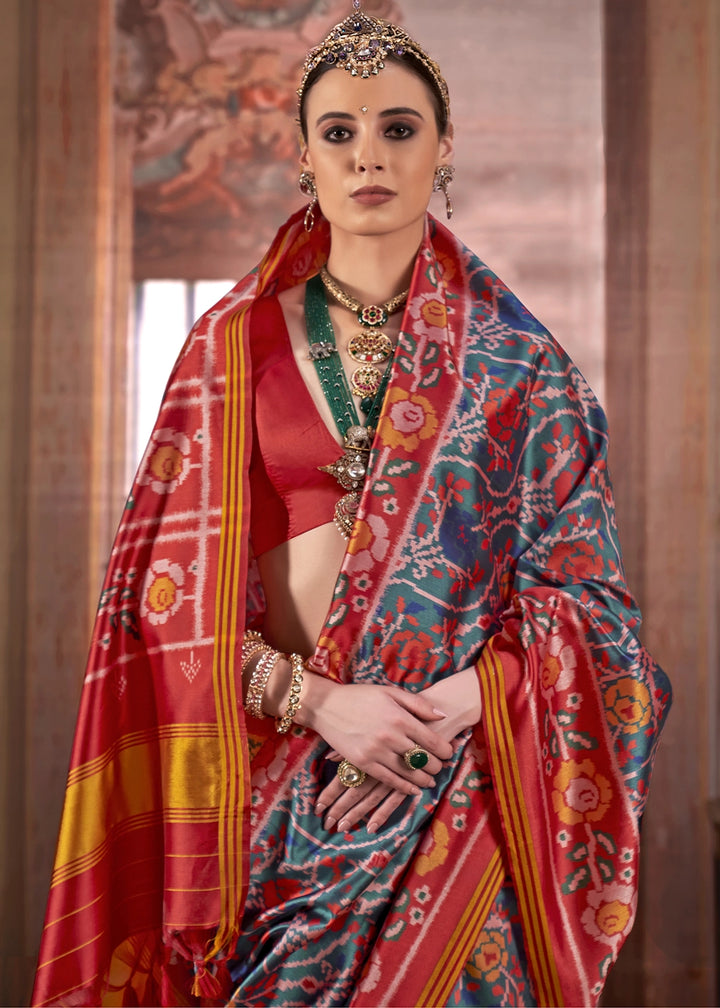 Greenish Blue & Red Patan Patola Printed Silk Saree