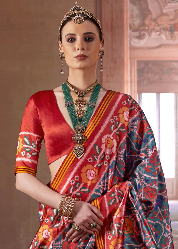 Greenish Blue & Red Patan Patola Printed Silk Saree