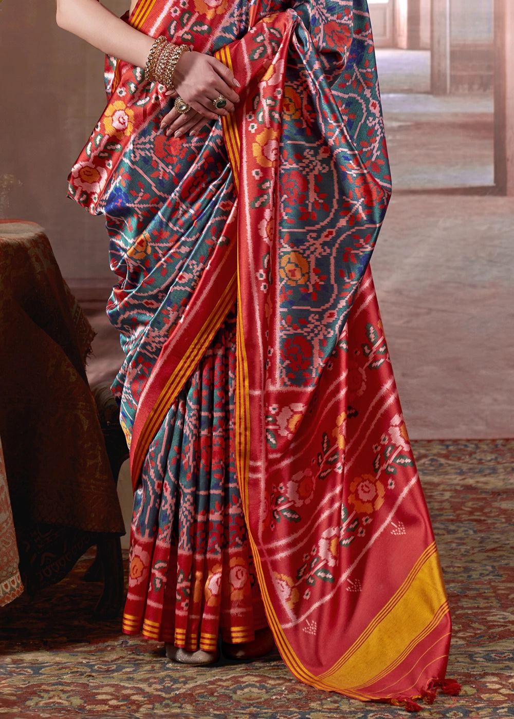 Greenish Blue & Red Patan Patola Printed Silk Saree