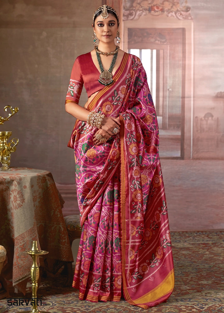 Pink & Red Patan Patola Printed Silk Saree