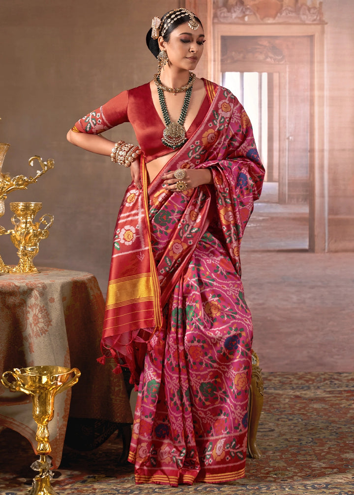 Pink & Red Patan Patola Printed Silk Saree
