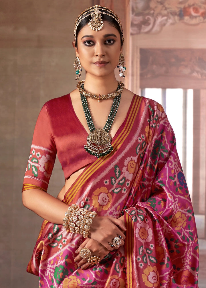 Pink & Red Patan Patola Printed Silk Saree