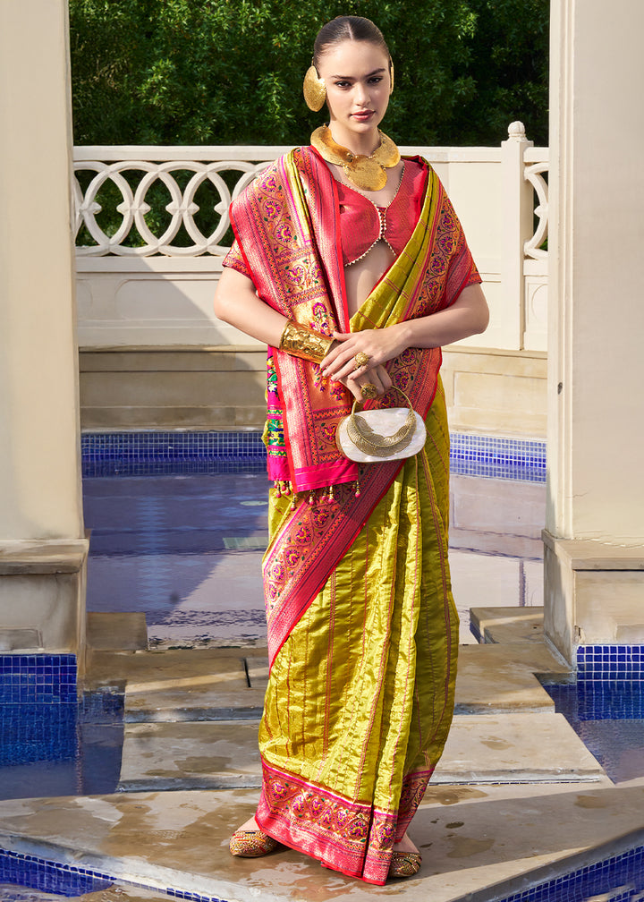 Olive Green & Pink Tanchoi Woven Banarasi Silk Saree for Timeless Elegance