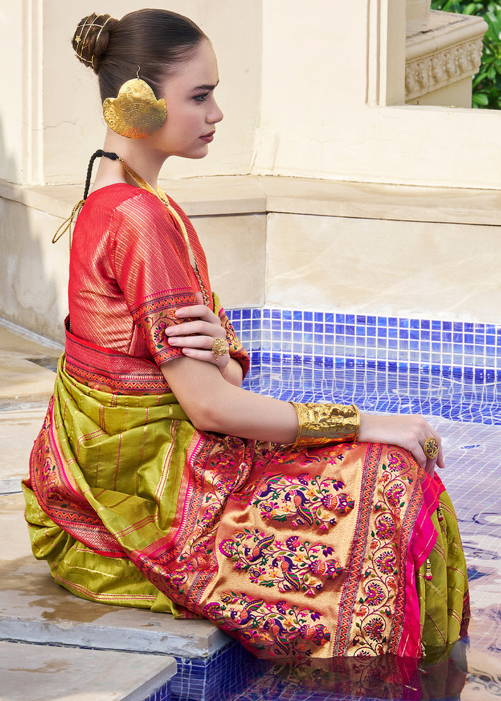 Olive Green & Pink Tanchoi Woven Banarasi Silk Saree for Timeless Elegance