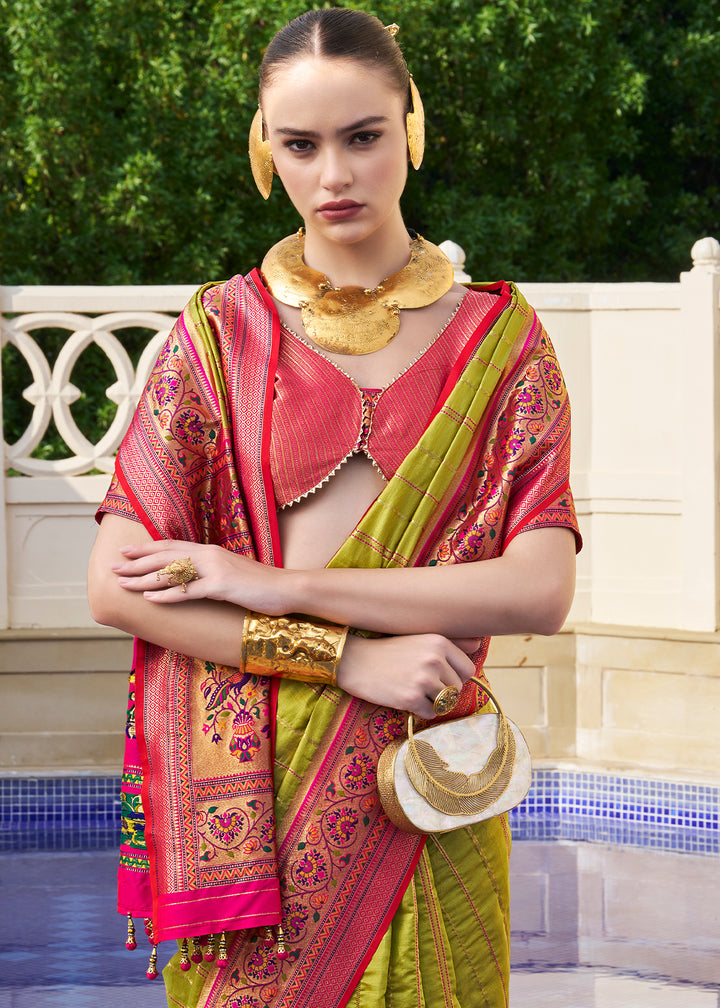 Olive Green & Pink Tanchoi Woven Banarasi Silk Saree for Timeless Elegance