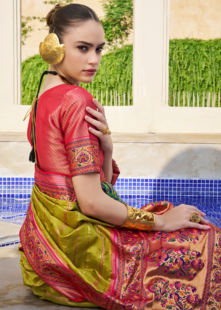 Olive Green & Pink Tanchoi Woven Banarasi Silk Saree for Timeless Elegance