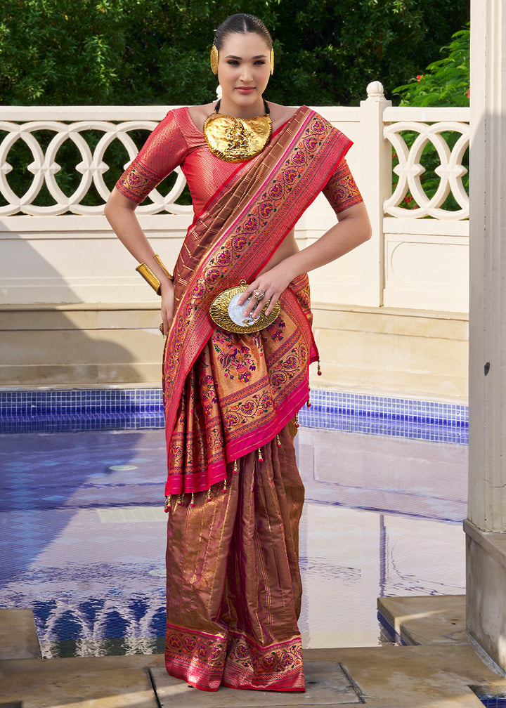 Chocolate Brown & Pink Tanchoi Woven Banarasi Silk Saree for Timeless Elegance