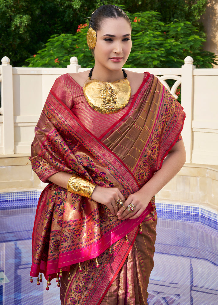 Chocolate Brown & Pink Tanchoi Woven Banarasi Silk Saree for Timeless Elegance