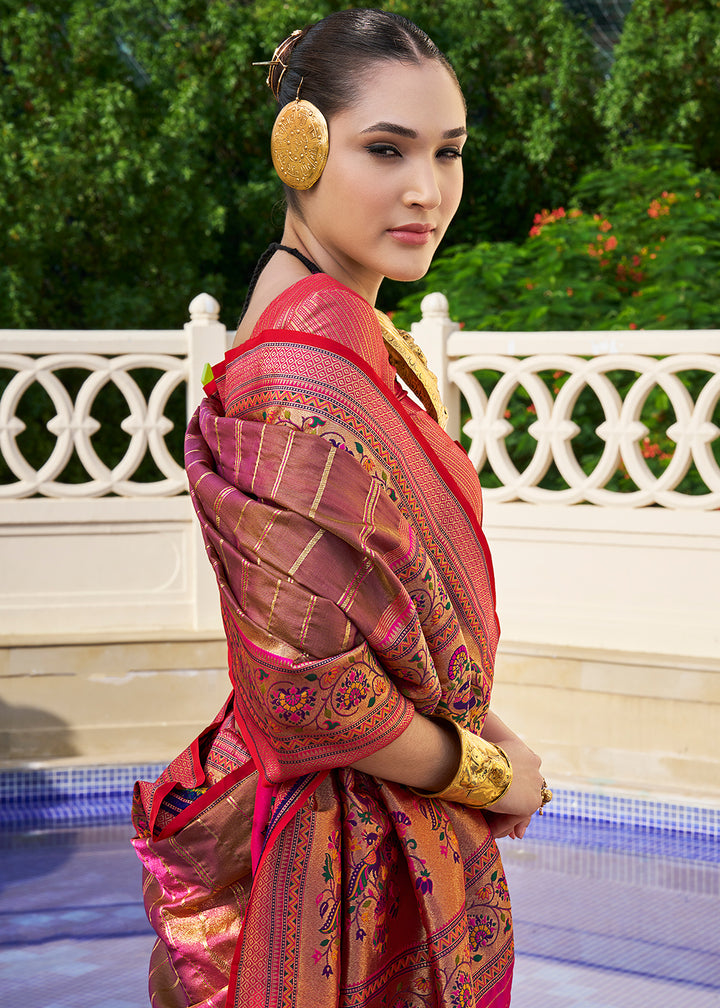 Chocolate Brown & Pink Tanchoi Woven Banarasi Silk Saree for Timeless Elegance