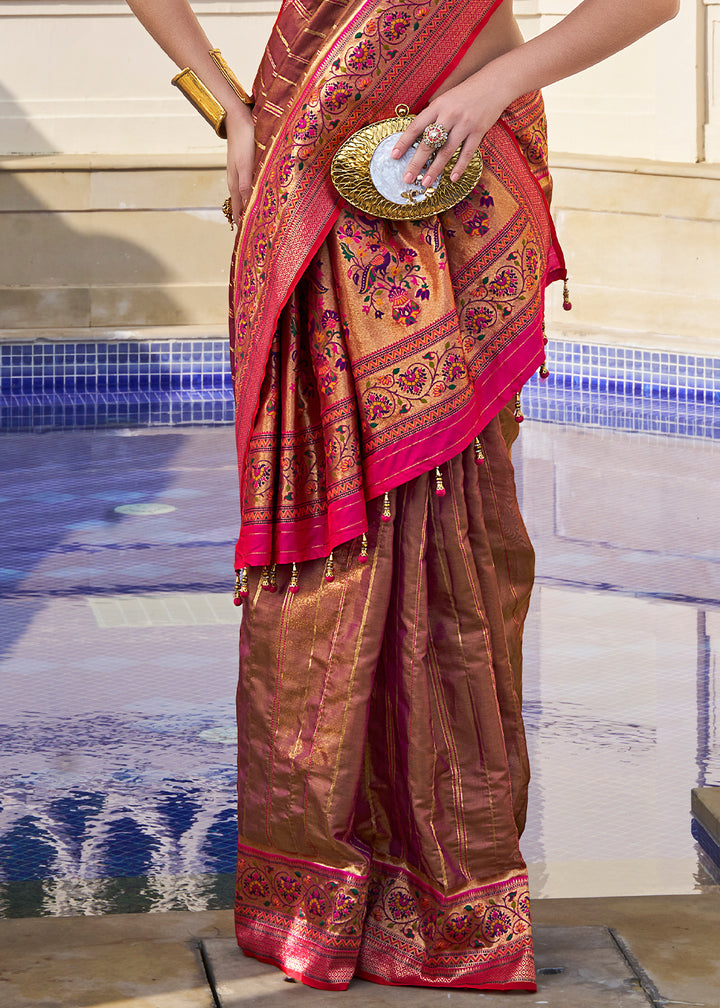 Chocolate Brown & Pink Tanchoi Woven Banarasi Silk Saree for Timeless Elegance