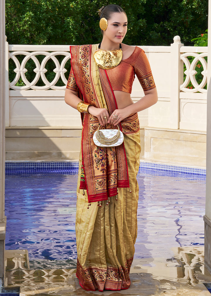 Green & Brown Tanchoi Woven Banarasi Silk Saree for Timeless Elegance