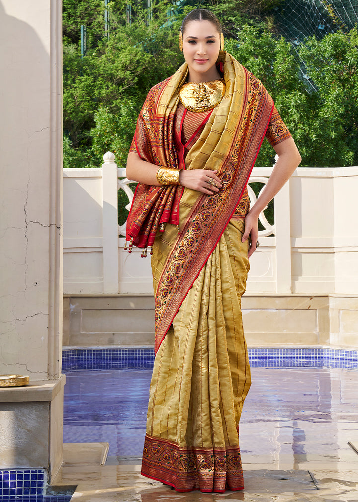 Green & Brown Tanchoi Woven Banarasi Silk Saree for Timeless Elegance