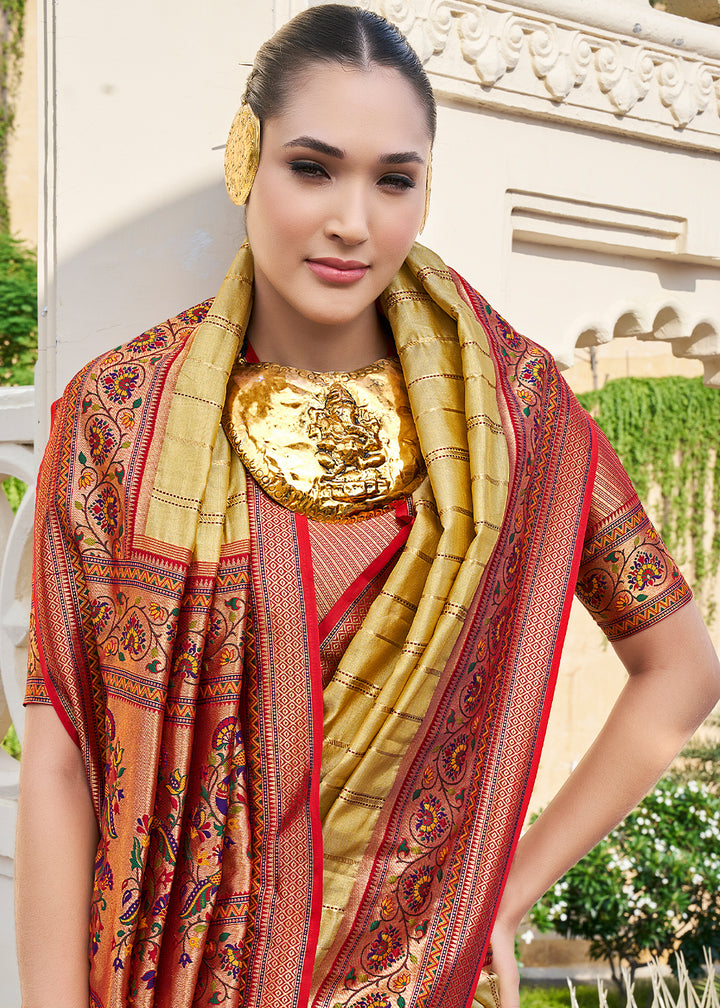 Green & Brown Tanchoi Woven Banarasi Silk Saree for Timeless Elegance