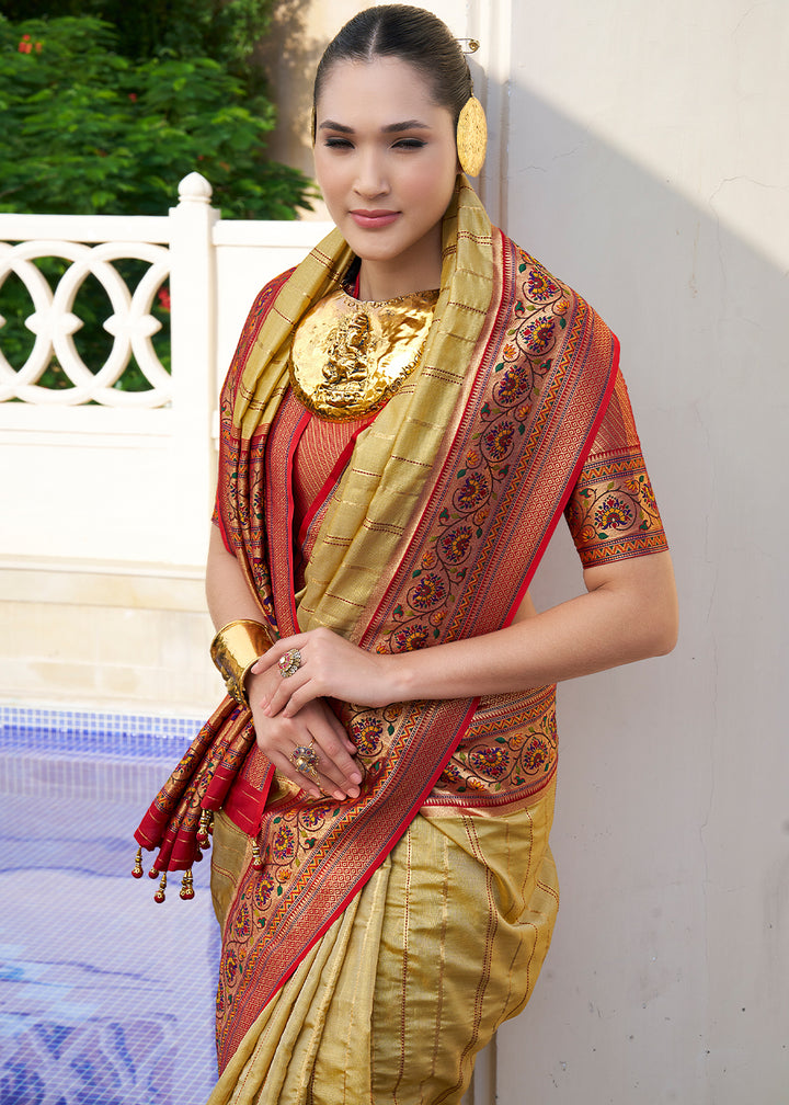 Green & Brown Tanchoi Woven Banarasi Silk Saree for Timeless Elegance