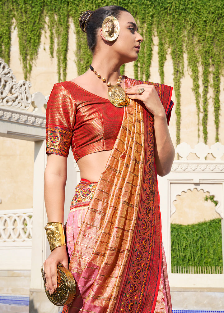 Pink & Brown Tanchoi Woven Banarasi Silk Saree for Timeless Elegance