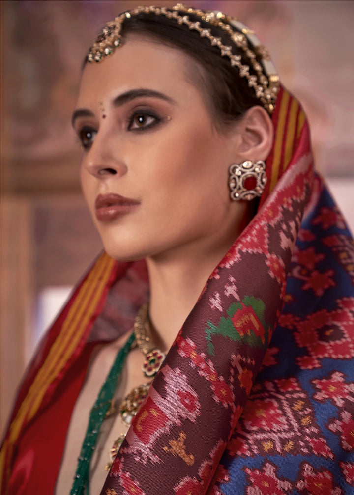 Blue & Red Patan Patola Printed Silk Saree