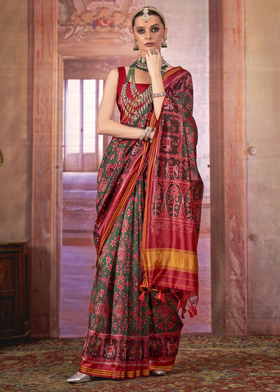 Green & Red Patan Patola Printed Silk Saree