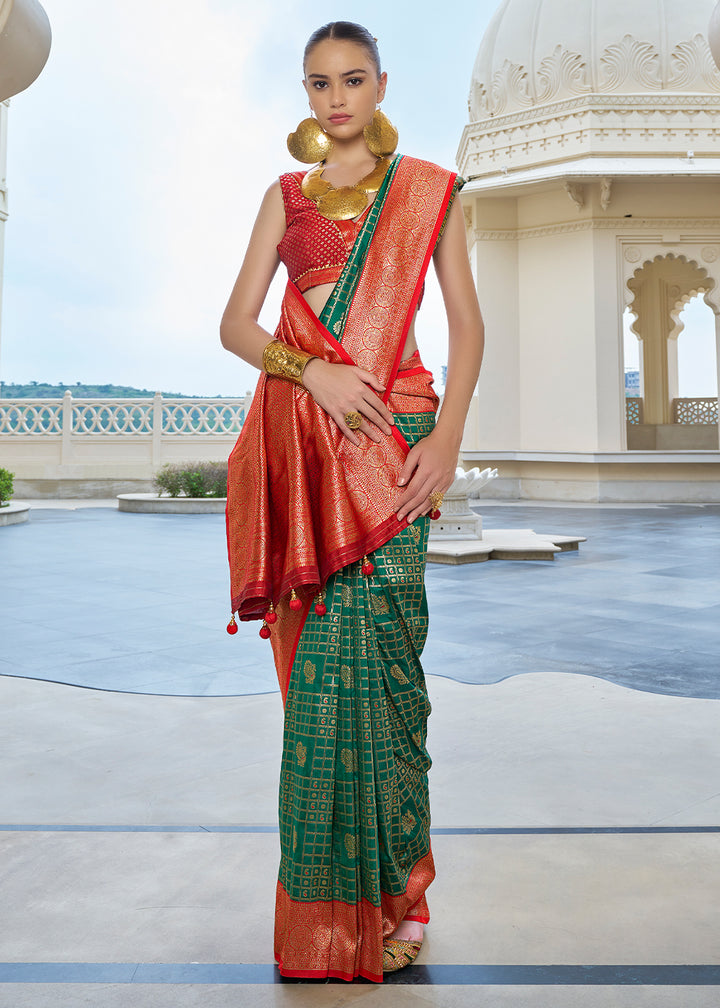 Traditional Dark Green & Red Kanjivaram Silk Saree with Intricate Zari Work