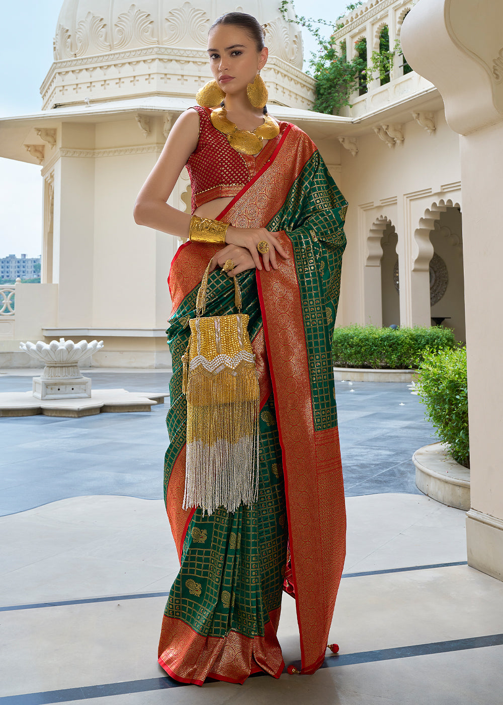 Traditional Dark Green & Red Kanjivaram Silk Saree with Intricate Zari Work