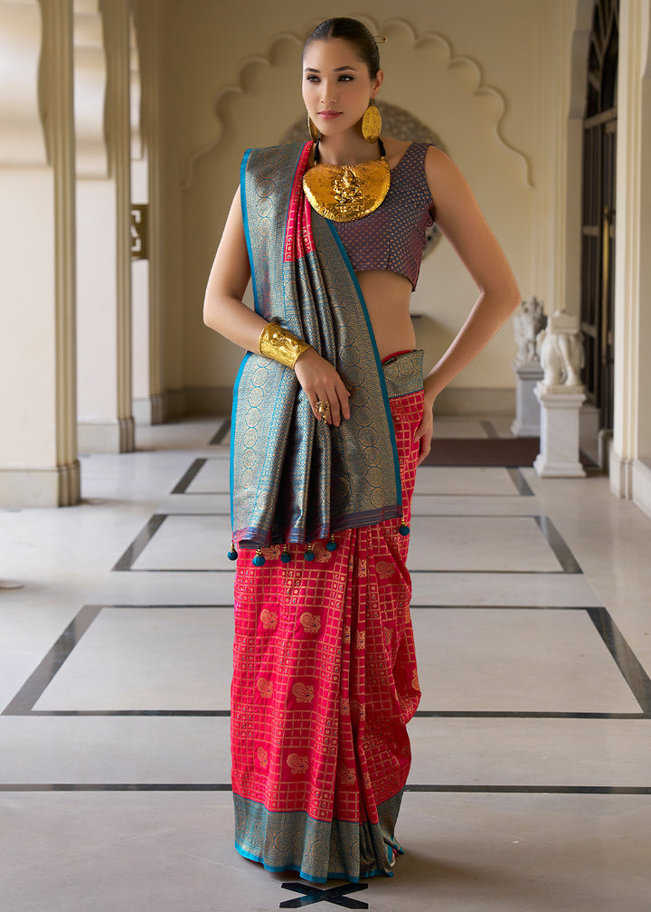 Raspberry Pink Kanjivaram Silk Saree with Intricate Zari Work