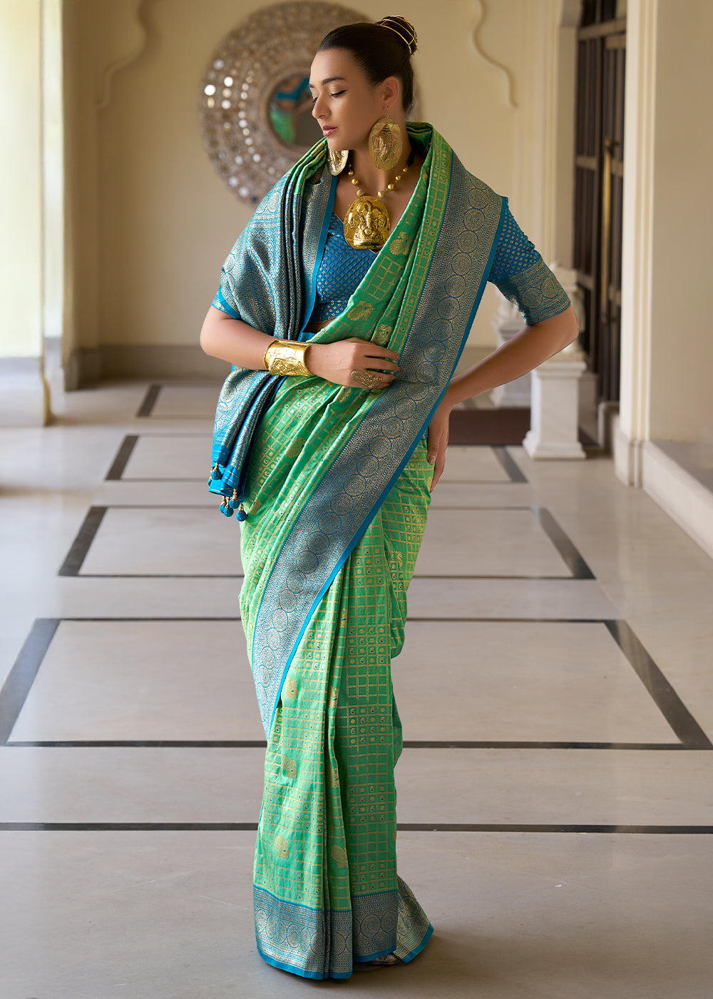 Apple Green Kanjivaram Silk Saree with Intricate Zari Work