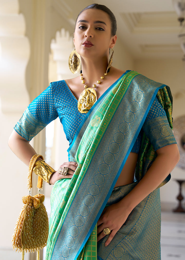 Apple Green Kanjivaram Silk Saree with Intricate Zari Work