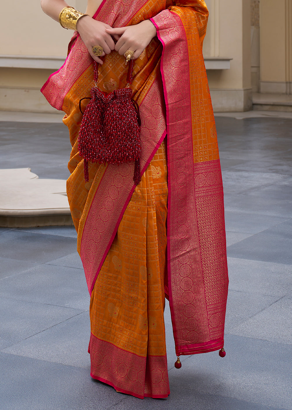 Tangerine Orange Kanjivaram Silk Saree with Intricate Zari Work