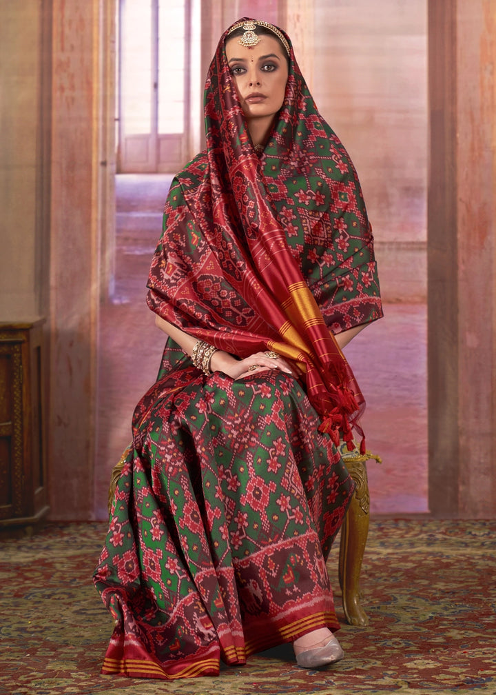 Green & Red Patan Patola Printed Silk Saree