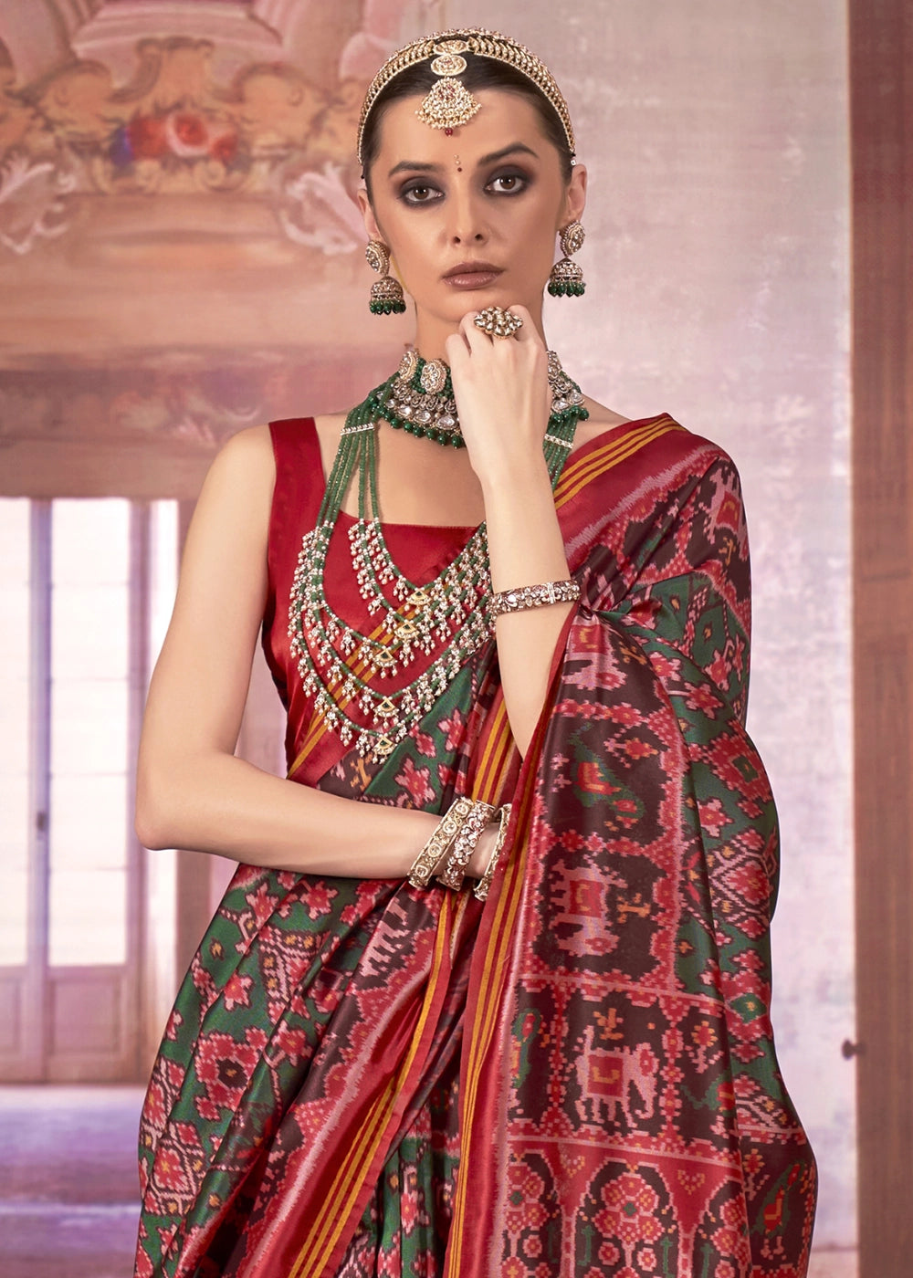 Green & Red Patan Patola Printed Silk Saree