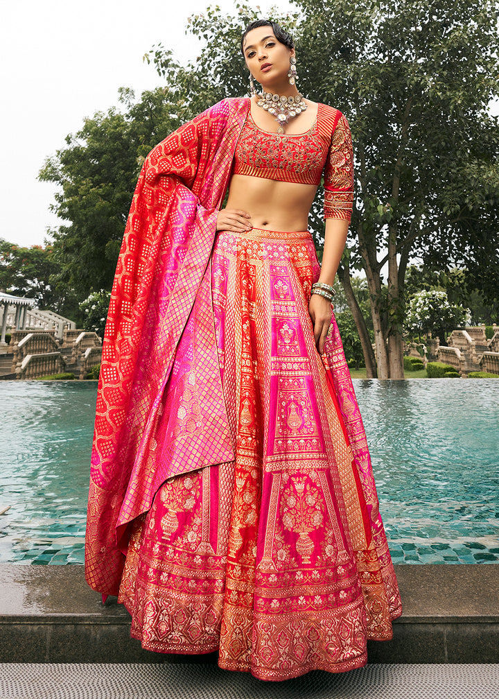 Shades of Pink Bridal Lehenga Choli with Intricate Embroidery on Banarasi Silk