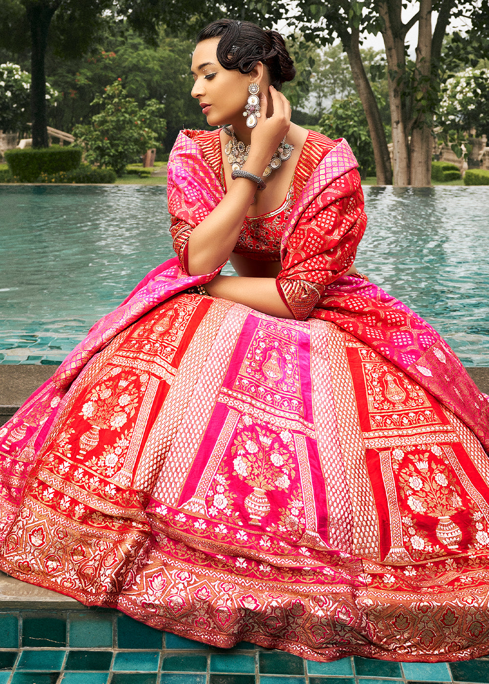 Shades of Pink Bridal Lehenga Choli with Intricate Embroidery on Banarasi Silk