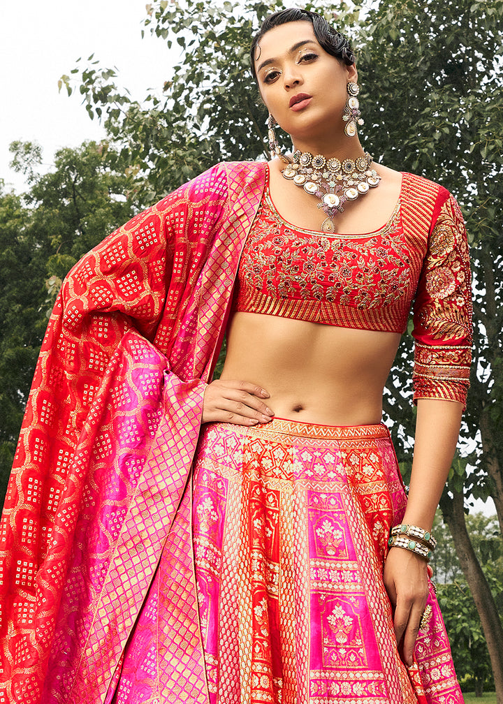 Shades of Pink Bridal Lehenga Choli with Intricate Embroidery on Banarasi Silk