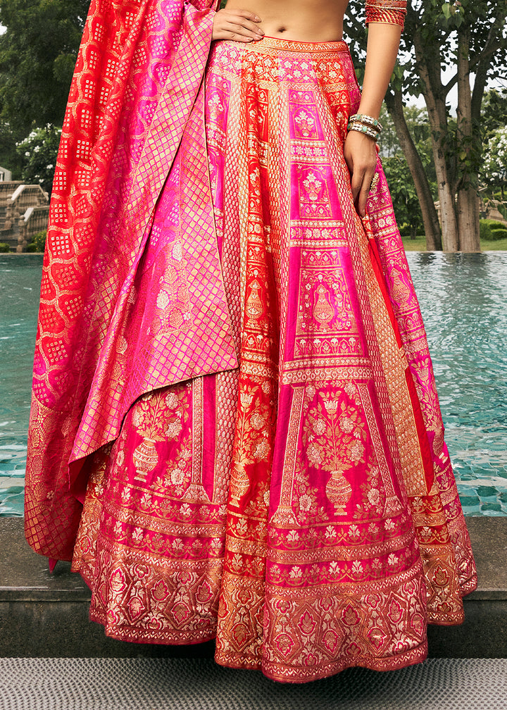 Shades of Pink Bridal Lehenga Choli with Intricate Embroidery on Banarasi Silk