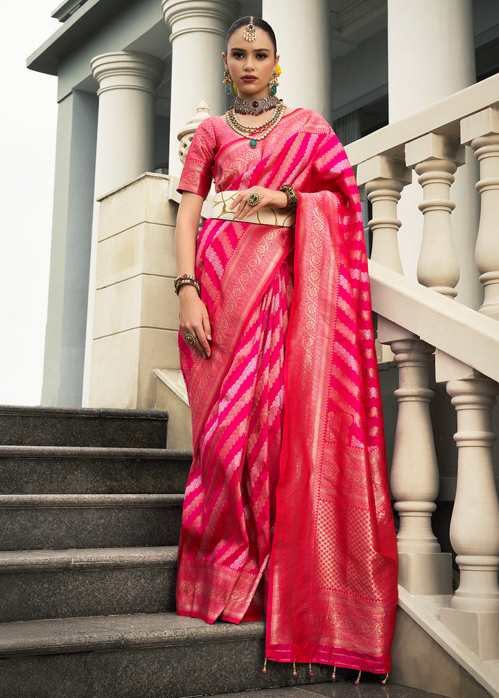 Magenta Pink Viscose Banarasi Silk Saree with Intricate Jaal Weaving & Brocade Blouse