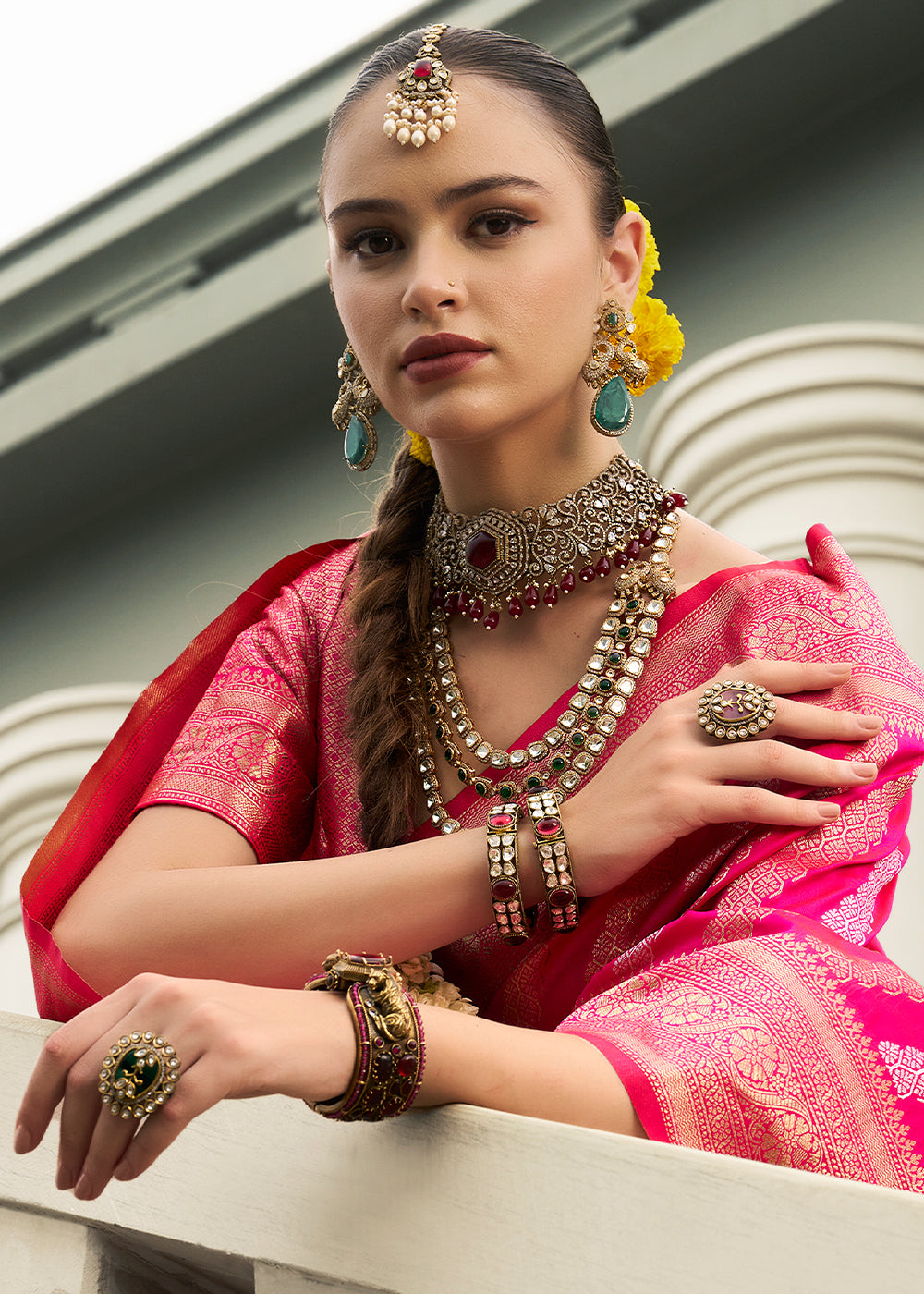 Magenta Pink Viscose Banarasi Silk Saree with Intricate Jaal Weaving & Brocade Blouse