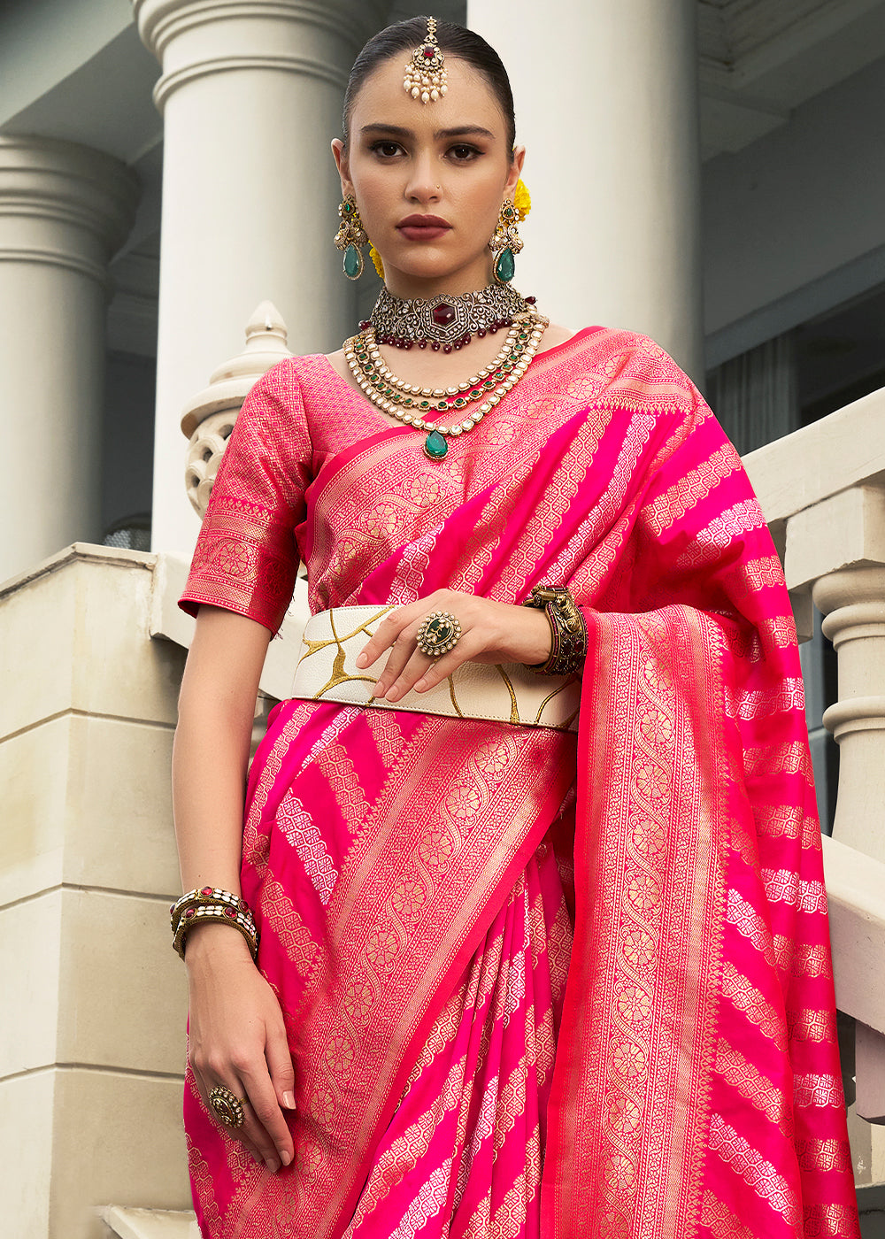 Magenta Pink Viscose Banarasi Silk Saree with Intricate Jaal Weaving & Brocade Blouse