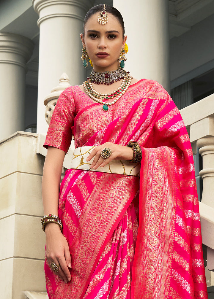 Magenta Pink Viscose Banarasi Silk Saree with Intricate Jaal Weaving & Brocade Blouse