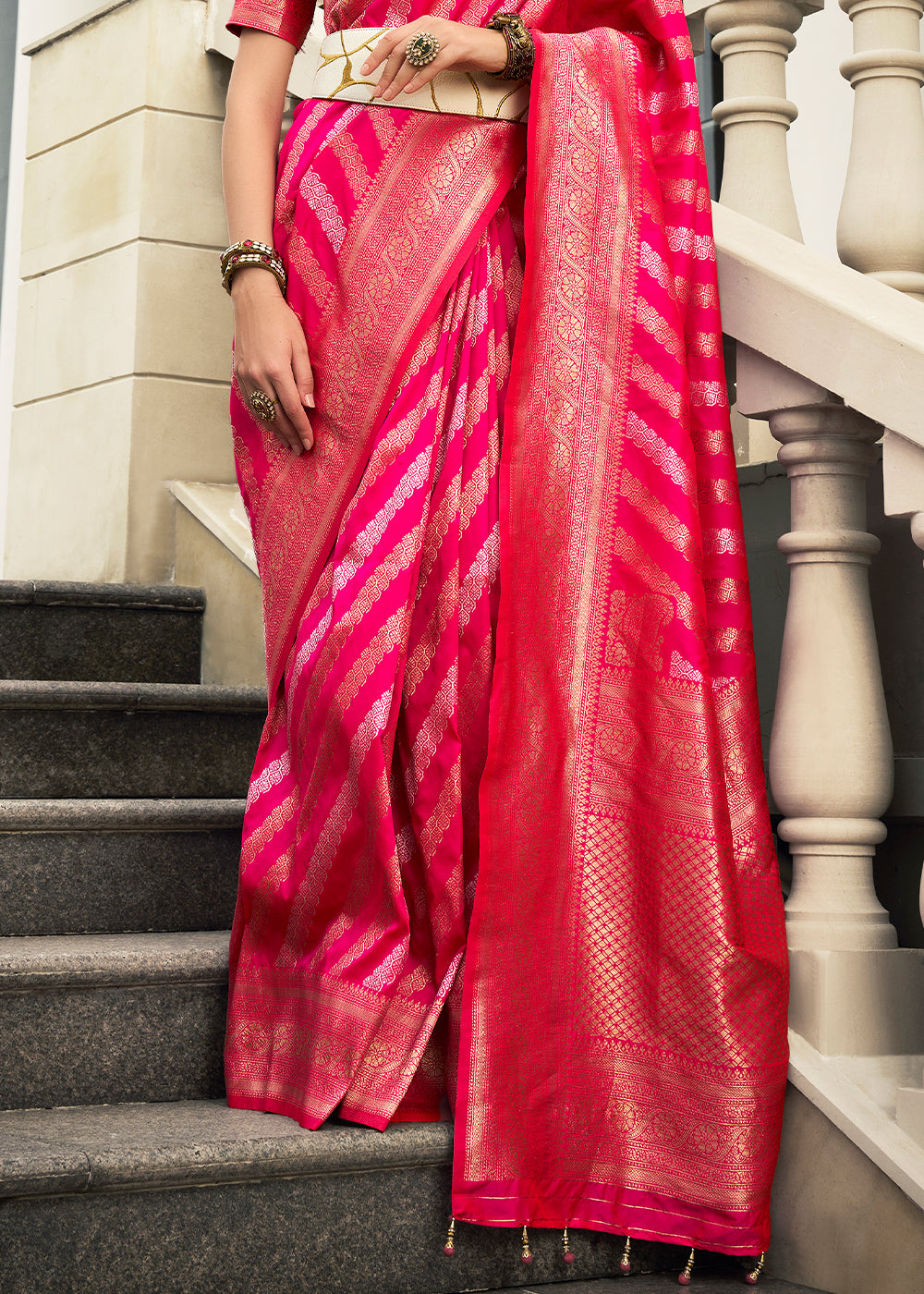 Magenta Pink Viscose Banarasi Silk Saree with Intricate Jaal Weaving & Brocade Blouse